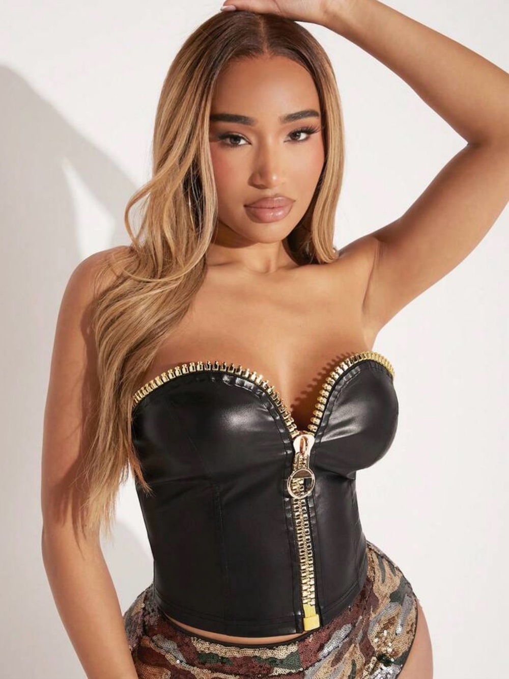 SHEIN Black Faux Leather Mini bustier with Gold Zipper - Picture 1 of 6